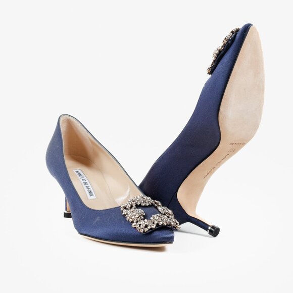 Manolo Blahnik Hangisi Blue Satin Jewel Pumps - Picture 4 of 9